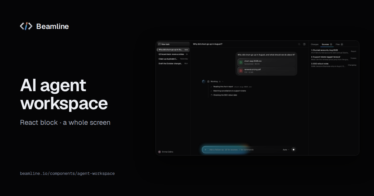 The Beamline agent workspace: threads, a conversation with reasoning and a plan, and an artifacts panel