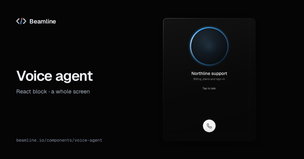 The Beamline voice agent: the agent's orb, the live transcript and the conversation bar