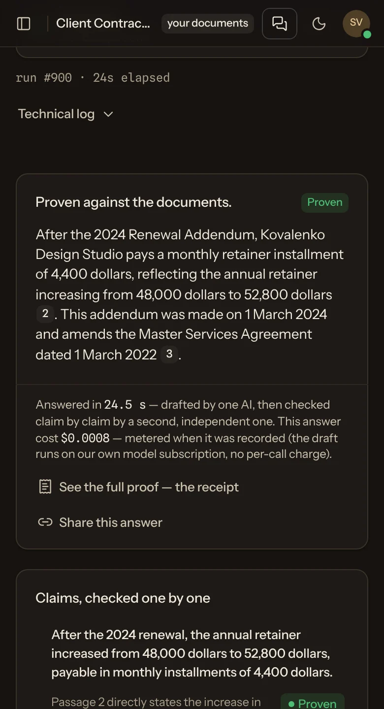 Proofdesk on Beamline UI: the answer, its claims checked one by one, and the passages they stand on