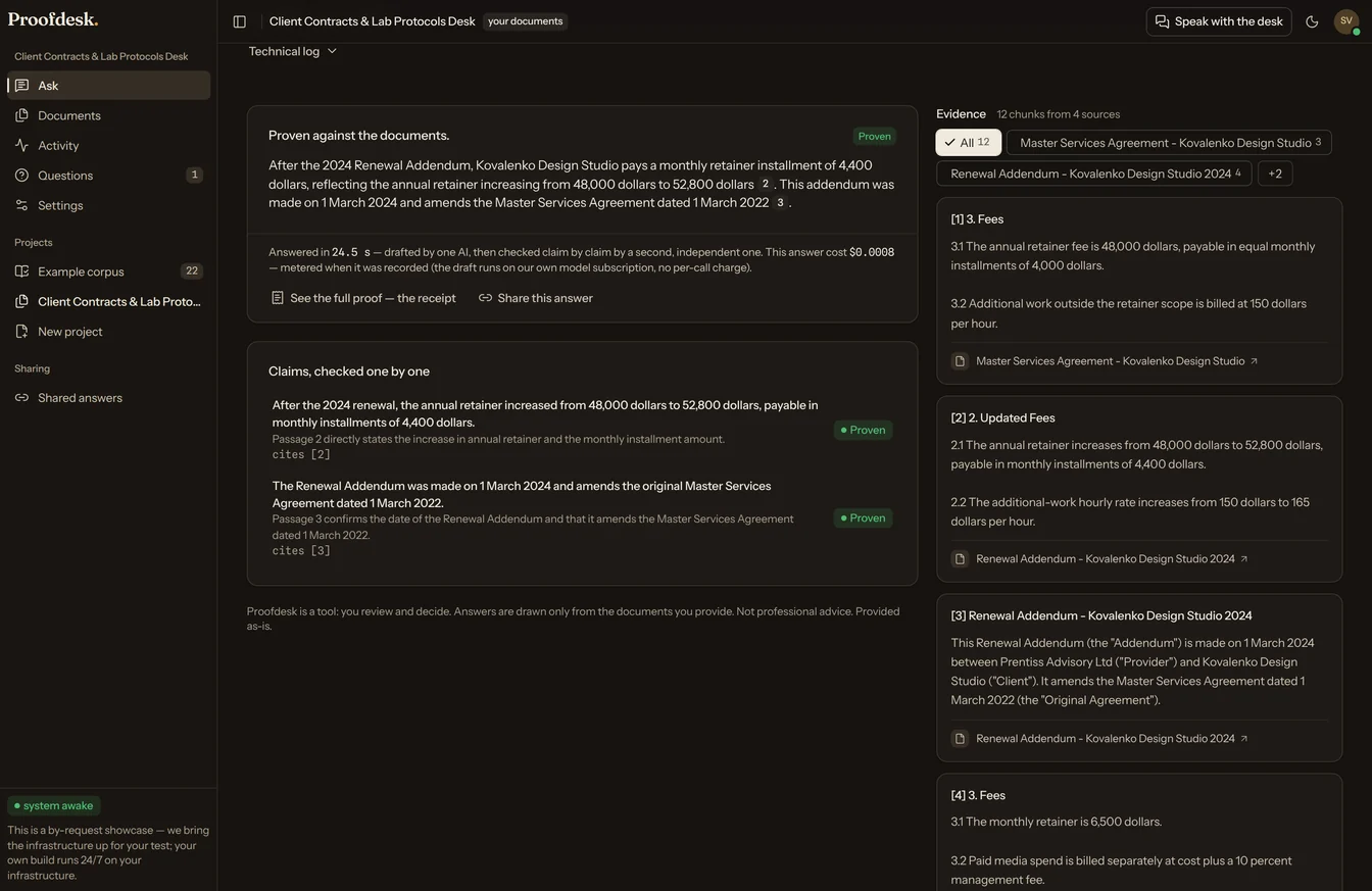 Proofdesk on Beamline UI: the answer, its claims checked one by one, and the passages they stand on