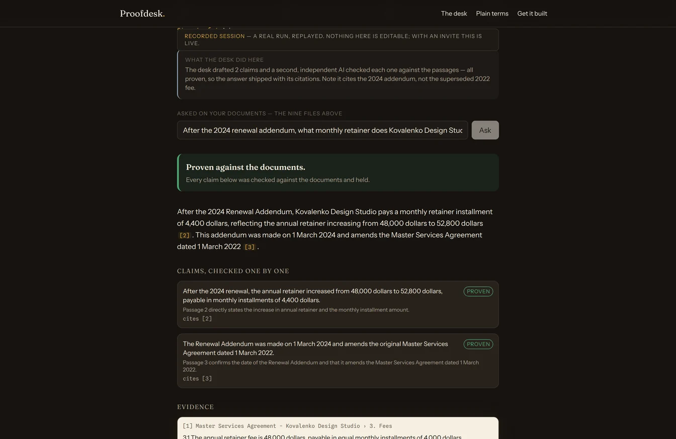 Proofdesk before: the answer in one long centred column on an empty page