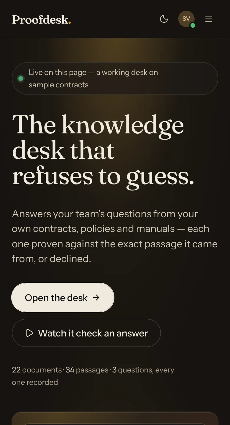 Proofdesk’s front page on Beamline UI: the same headline with a working desk under it
