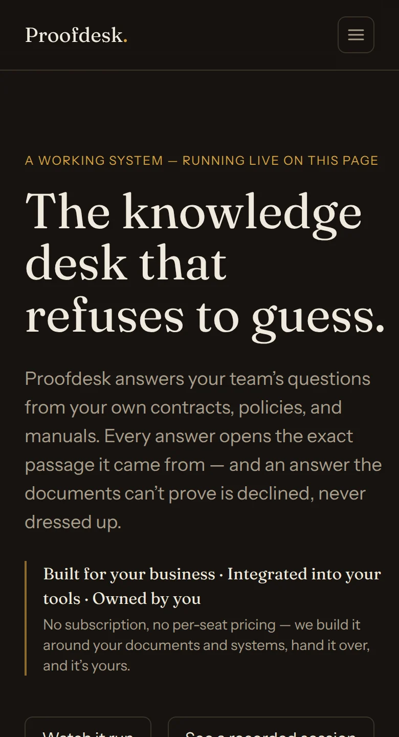 Proofdesk’s original front page: the headline and its promise, in words
