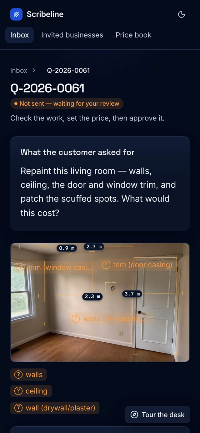 Scribeline’s owner desk on a phone