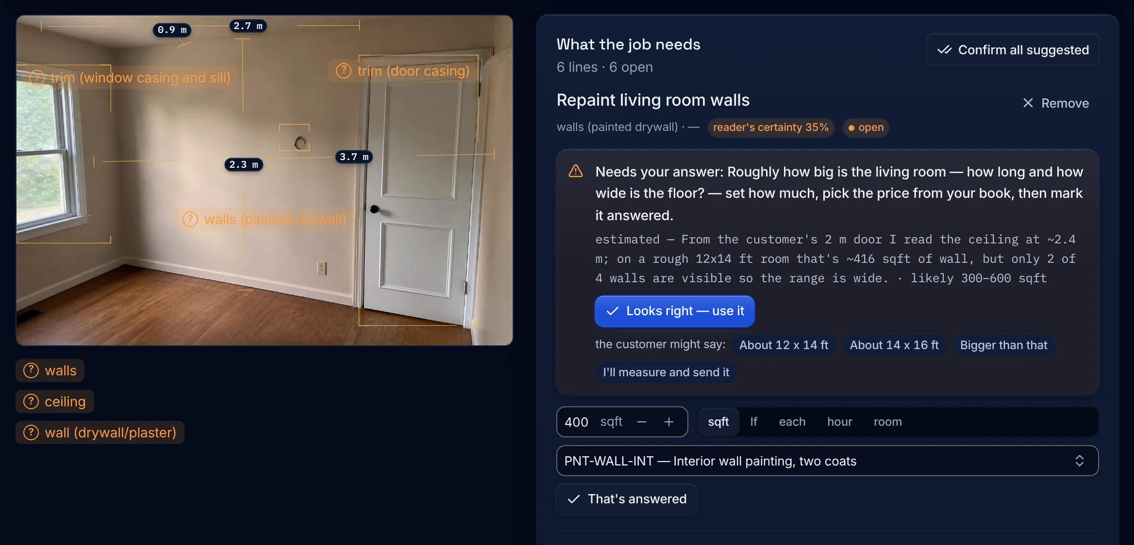 The room photo with its measurements and open questions, and the notice asking how big the room is, with the estimate and a “Looks right — use it” button