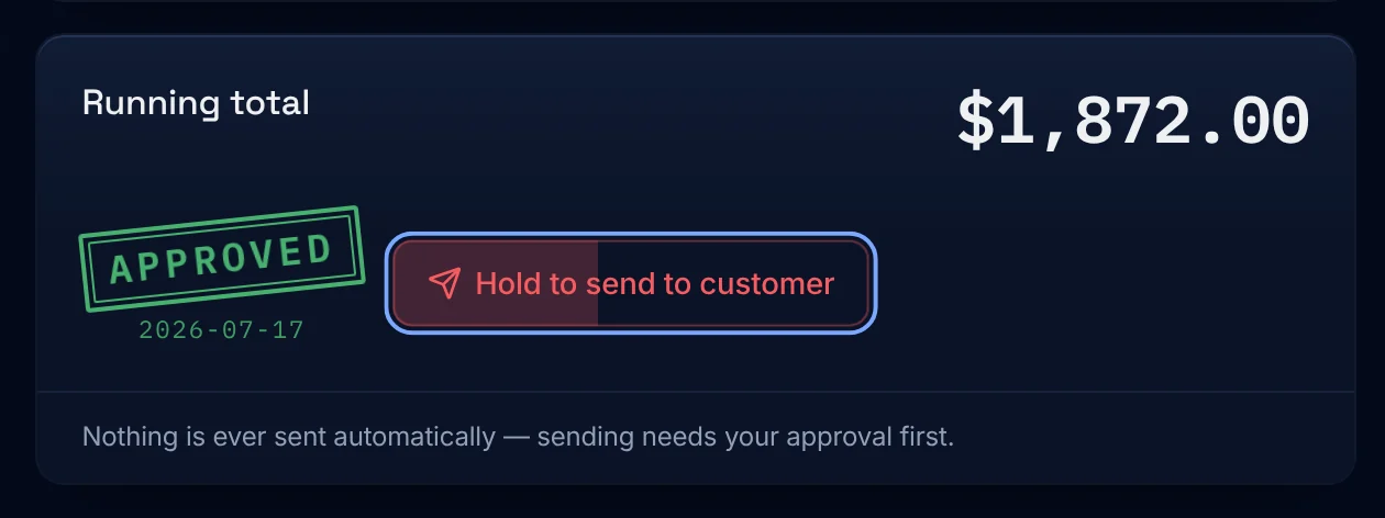 The running total, $1,872.00, approved, with the “Hold to send to customer” button part-way through its hold