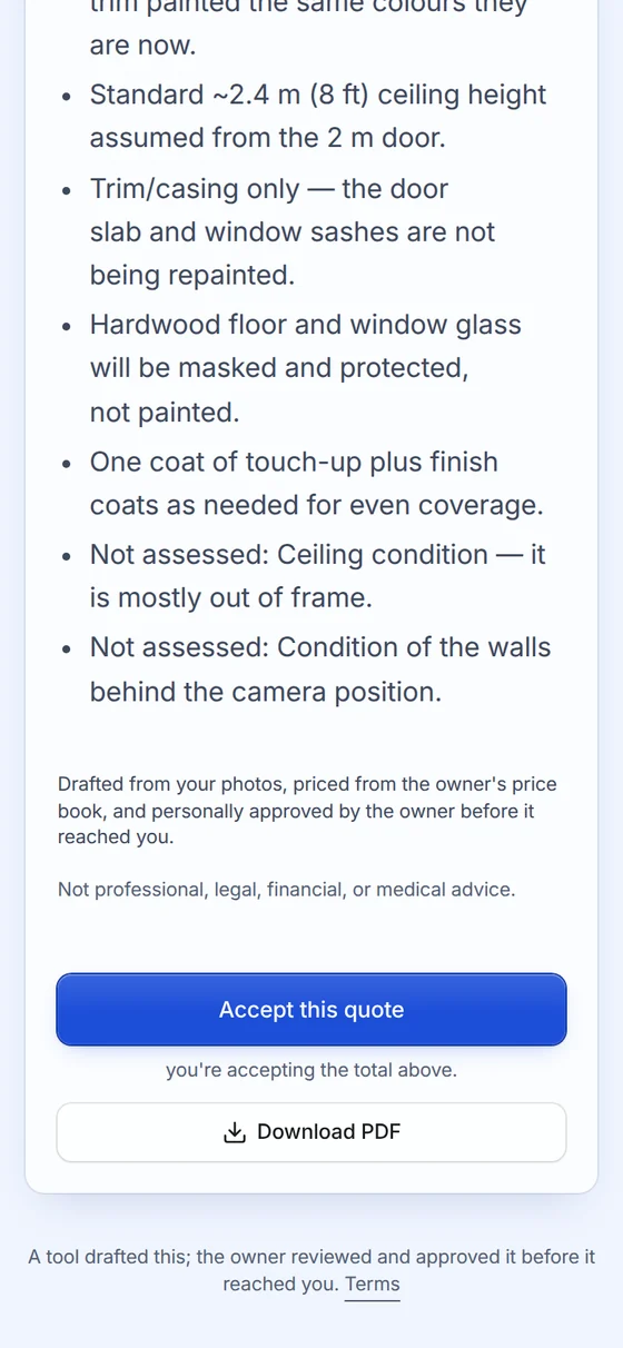 The end of the customer’s quote: what it assumes, “Accept this quote” and “Download PDF”