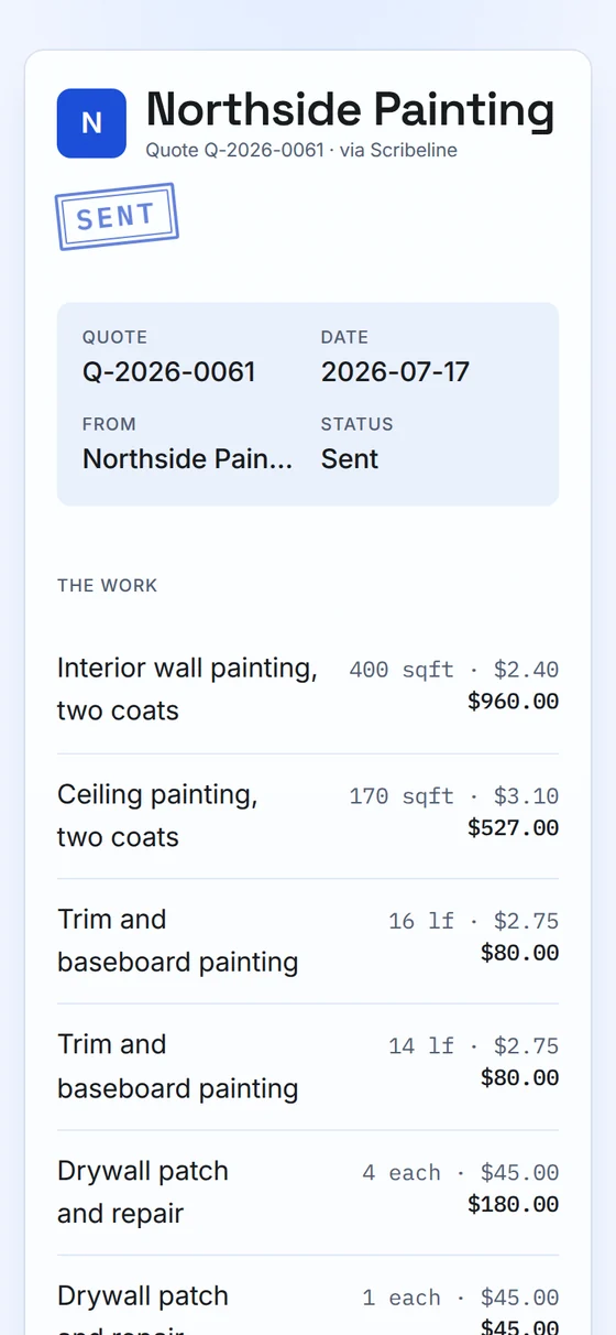 The customer’s quote from Northside Painting: the quote number, the date and the priced lines